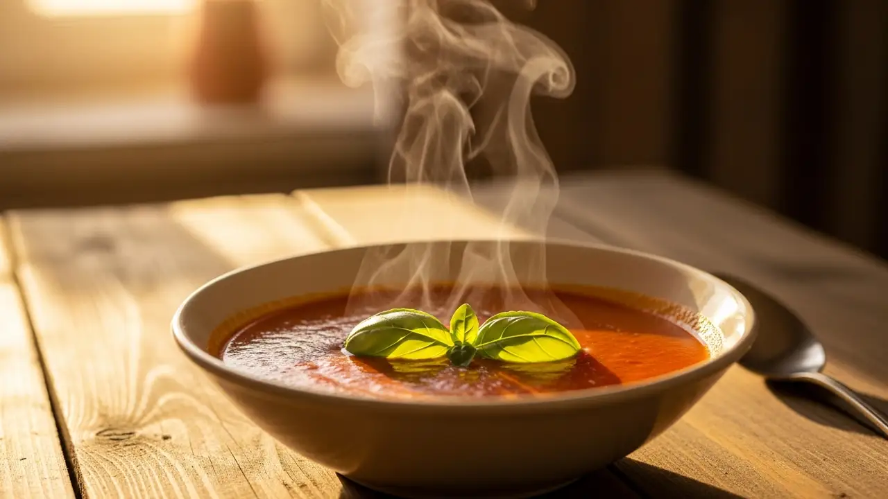 Dampfende Tomatensuppe in rustikaler Schüssel – das perfekte Tomatensuppen-Rezept