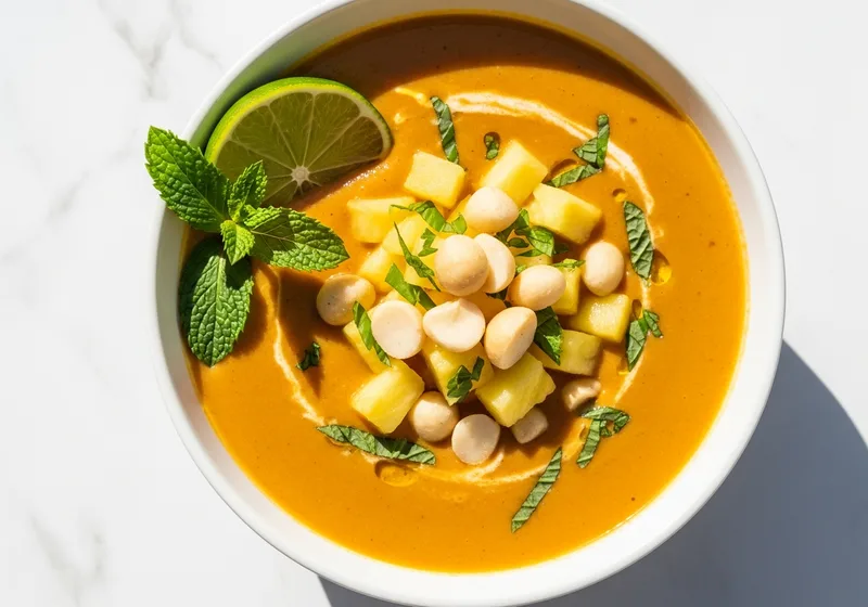 Aloha Mama Tomatensuppe mit Ananas und Macadamia-Topping, tropisch und bunt