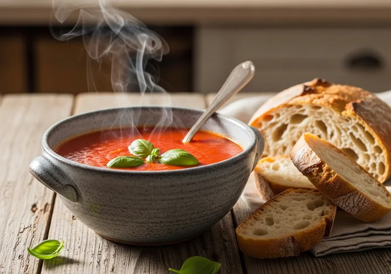 Einfache schnelle Tomatensuppe mit Brot in rustikaler Schüssel, dampfend heiß