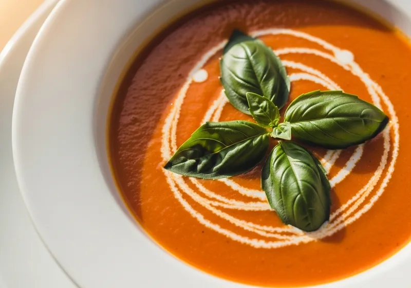 Cremige Tomatensuppe aus frischen Tomaten mit Basilikum in weißer Schüssel