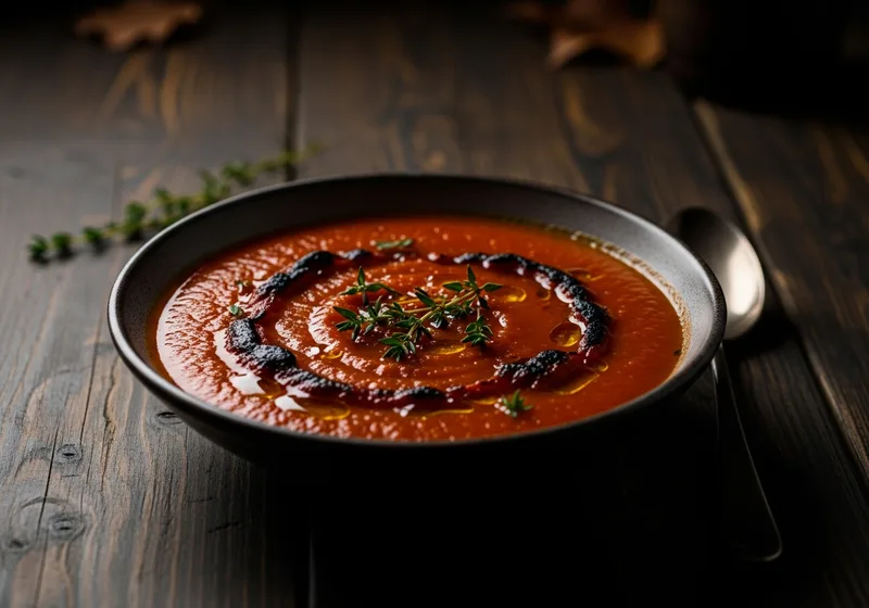 Herbst-Tomatensuppe mit gerösteten Tomaten, tiefes konzentriertes Rot, rustikale Atmosphäre