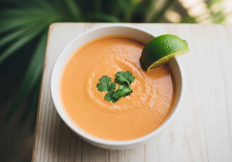 Exotische vegane Tomaten-Kokosmilch-Suppe mit Koriander und Limette, cremig orange