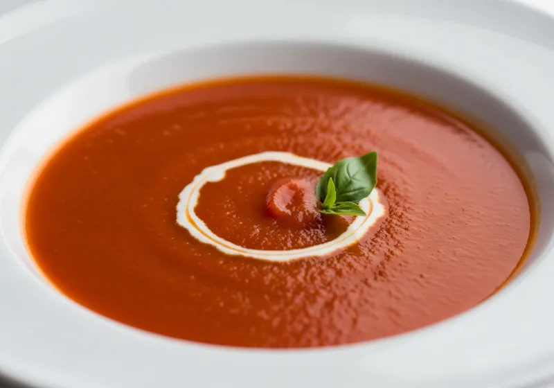 Perfekt cremige Tomatensuppe aus dem Thermomix, samtiger Sahne-Swirl in elegantem Teller